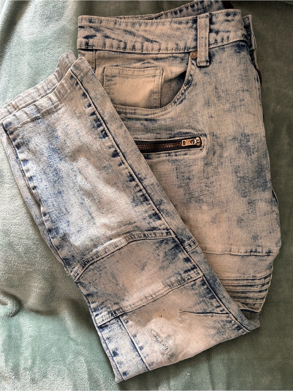 Encrypted Men's Acid Wash Biker Moto Jeans 36x32 Stretch Distressed - Picture 2 of 10